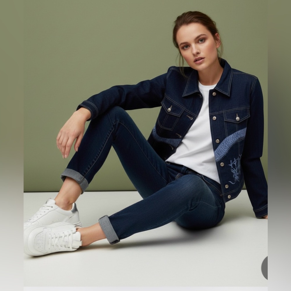Christine Phillipe Denim Embroidered Sequin Jean Jacket - Picture 2 of 7